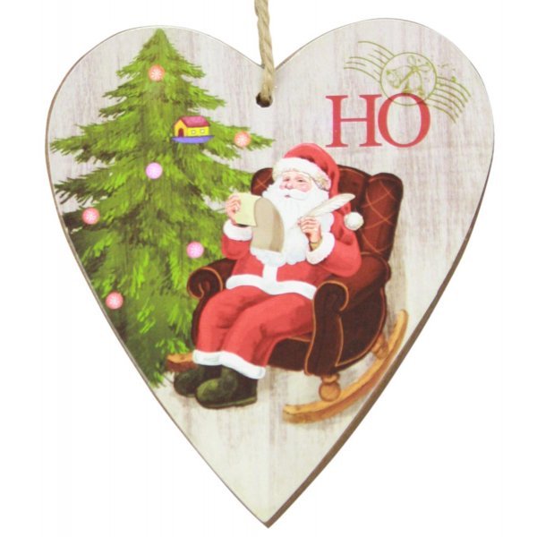 Χριστουγεννιάτικη Κρεμαστή Ξύλινη Καρδιά, με Άγιο Βασίλη σε Πολυθρόνα (12cm)